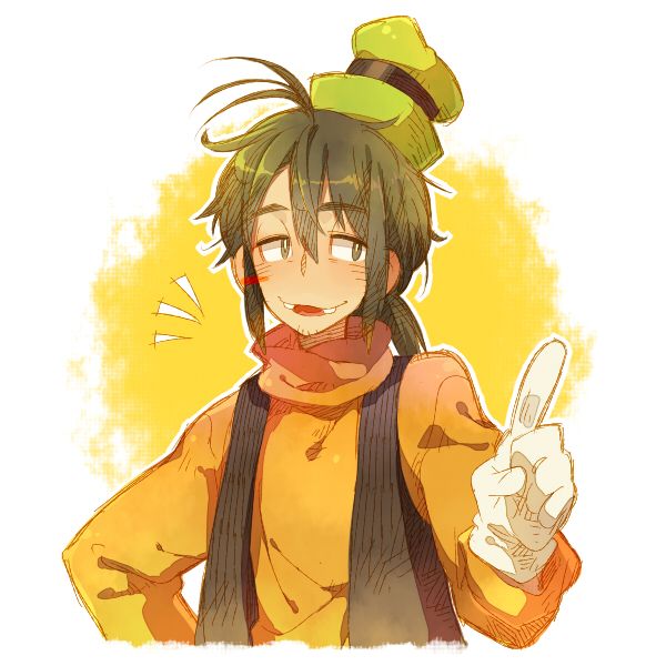 1boy, black_hair, disney, eyes, gijinka, gloves, goofy, green_hat
