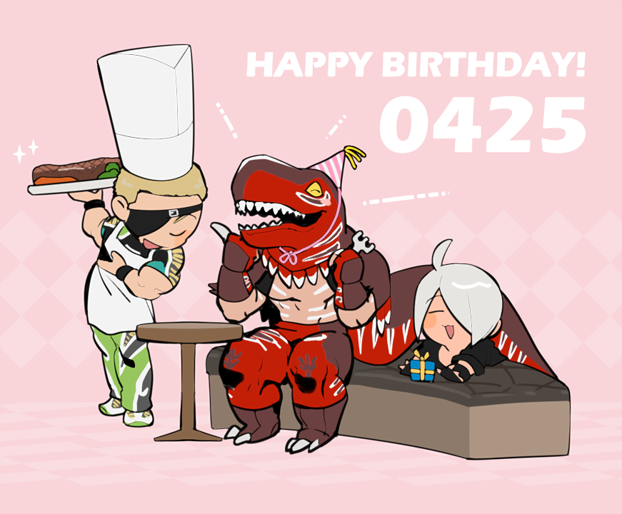 1girl, 2boys, ahoge, angel_(kof), blonde_hair, blush_stickers, chef_hat, chibi
