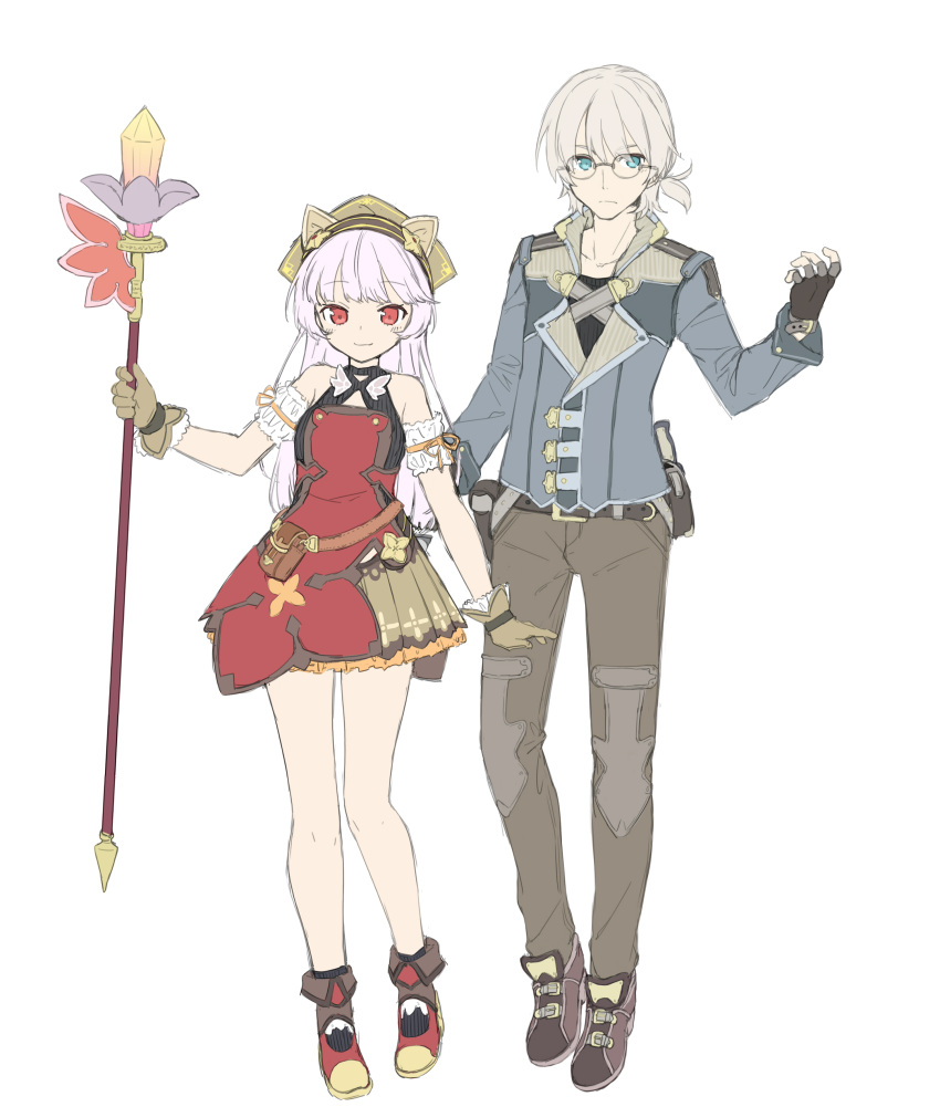 1boy, 1girl, absurdres, animal_ears, bangs, bare_shoulders, black_gloves, black_shirt, blue_eyes, blush, boots, brown_footwear, brown_gloves, brown_pants, closed_mouth, crystal, dress, eyebrows_visible_through_hair, fingerless_gloves, fiora_ariete, full_body, glasses, gloves, grey_hair, grey_jacket, hand_up, head_scarf, highres, holding, holding_staff, jacket, long_hair, original, pants, pink_hair, pleated_skirt, red_dress, red_eyes, red_footwear, sekira_ame, shirt, shoes, simple_background, skirt, sleeveless, sleeveless_shirt, smile, staff, standing, very_long_hair, white_background