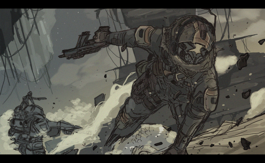 armor, atlas_(titanfall), beige_scarf, gun, hand_on_ground, helmet, holding, holding_gun