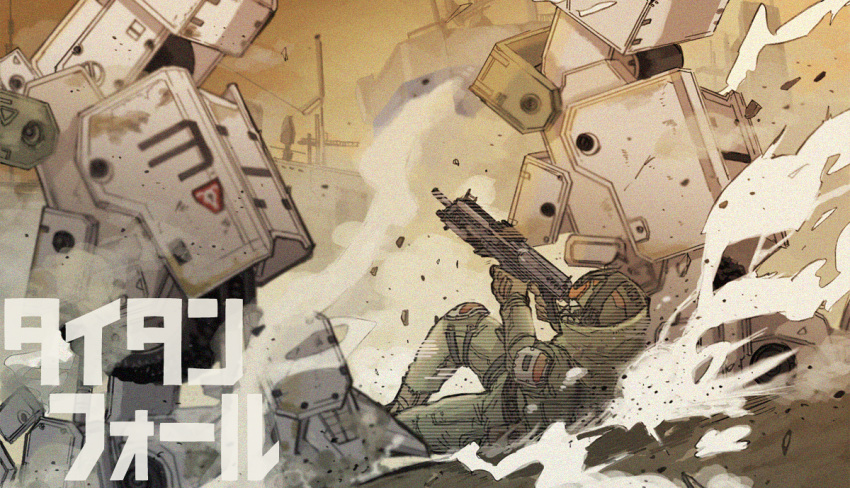 1boy, aiming, atlas_(titanfall), beige_scarf, dust, gun, helmet, holding