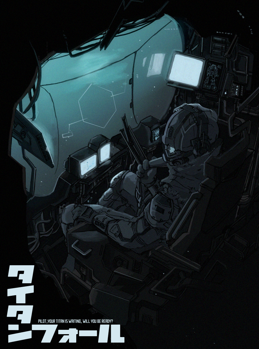 1boy, atlas_(titanfall), cockpit, copyright_name, english_text, from_the_side, gloves, grey_gloves