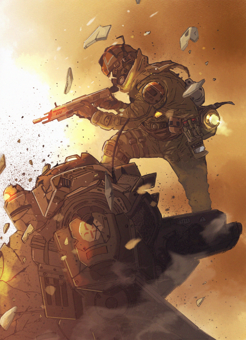 1boy, aiming, atlas_(titanfall), beige_scarf, black_gloves, from_side, gloves, gun