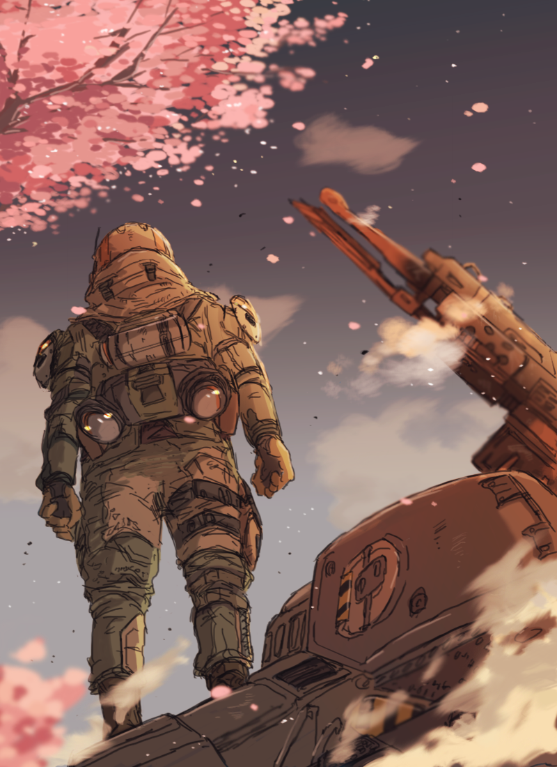 1boy, atlas_(titanfall), backpack, bag, cherry_blossoms, clenched_hands, clouds, from_behind