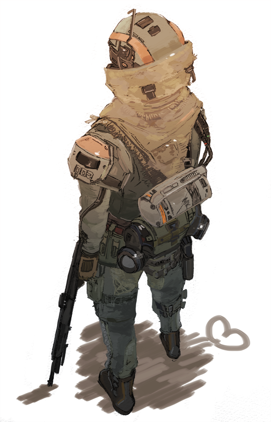 1boy, assault_rifle, beige_scarf, from_above, from_behind, gun, heart, highres