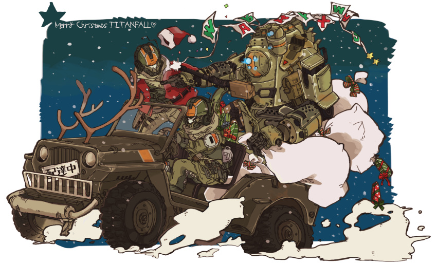 2boys, atlas_(titanfall), blue_eyes, copyright_name, driving, glowing, glowing_eyes, ground_vehicle