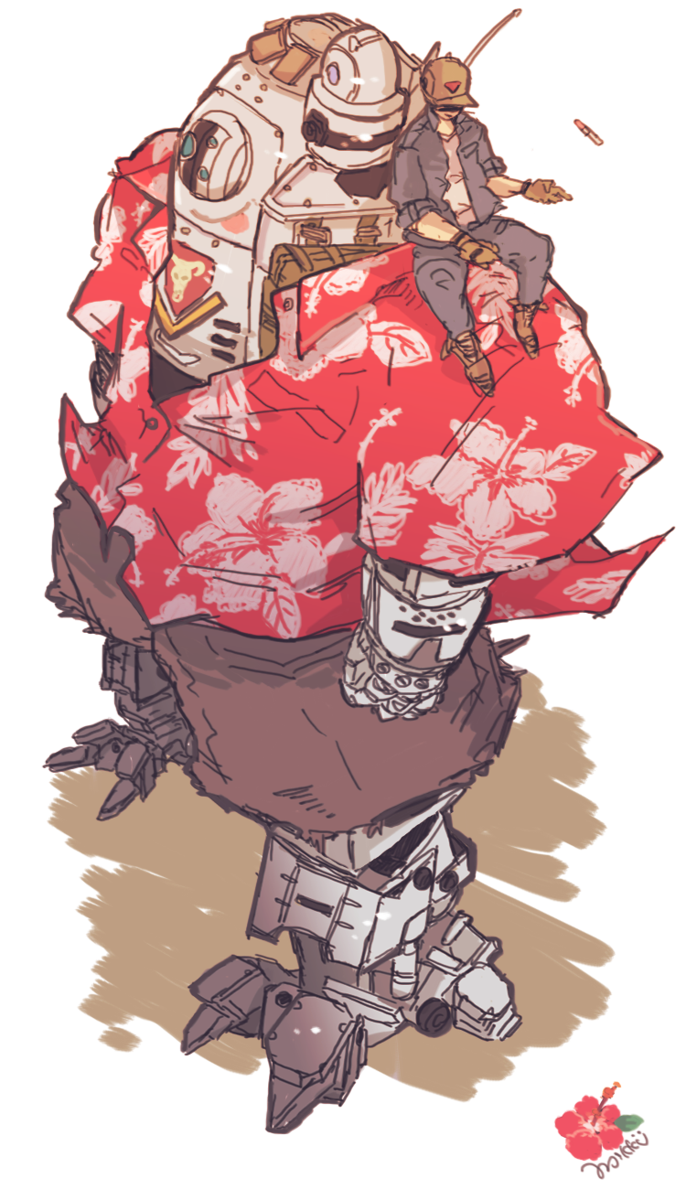 1boy, atlas_(titanfall), blue_shirt, clenched_hands, highres, mecha, on_mecha, radio_antenna