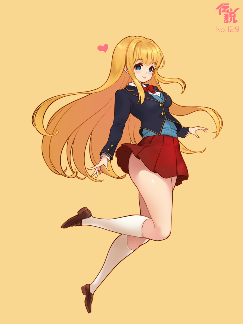 1girl, bangs, blazer, blue_eyes, blush, cardinal_armand, full_body, heart