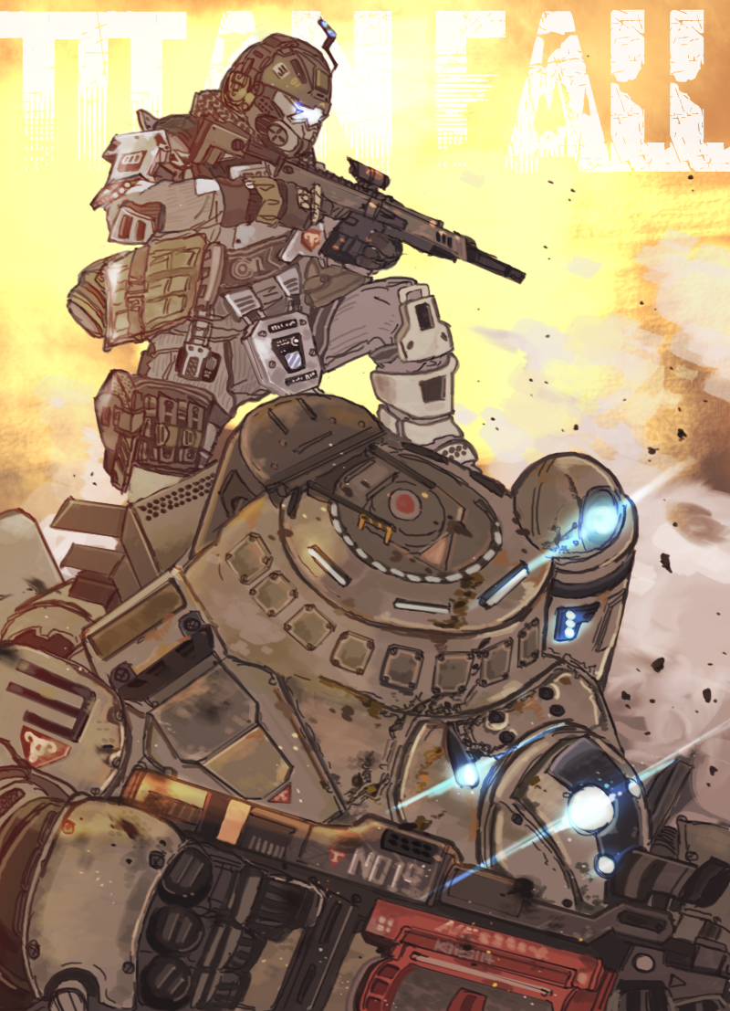 1boy, aiming, assault_rifle, atlas_(titanfall), copyright_name, extra_eyes, glowing, glowing_eyes