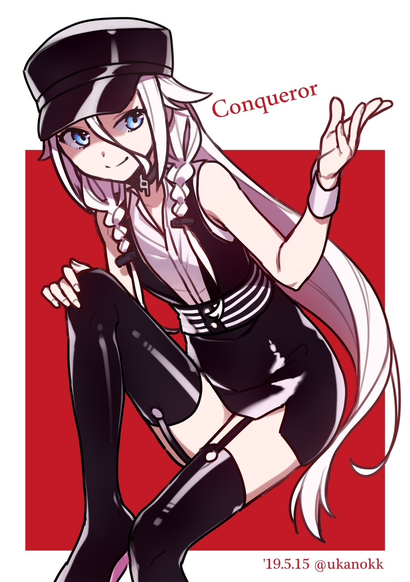 1girl, ai_kusunoki, black_dress, black_headwear, black_legwear, blue_eyes, cevio, commentary, conqueror_(cevio), dated, dress, garter_straps, hair_flaps, hand_on_own_knee, hand_up, ia_(vocaloid), knee_up, latex, latex_legwear, latex_top, long_hair, pink_hair, red_background, shiny, shiny_clothes, side_braids, sideways_glance, sitting, smile, solo, song_name, thigh-highs, twitter_username, very_long_hair, vocaloid, wrist_cuffs