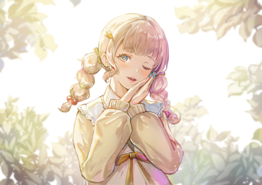 1girl, bangs, blue_nails, blurry, blurry_background, bow, brown_bow, brown_eyes, brown_hair, brown_shirt, commentary_request, depth_of_field, eyebrows_visible_through_hair, hands_up, liyu_(user_sfpu5743), long_sleeves, looking_at_viewer, nail_polish, one_eye_closed, original, parted_lips, pink_lips, puffy_long_sleeves, puffy_sleeves, shirt, solo, twintails, upper_body, upper_teeth