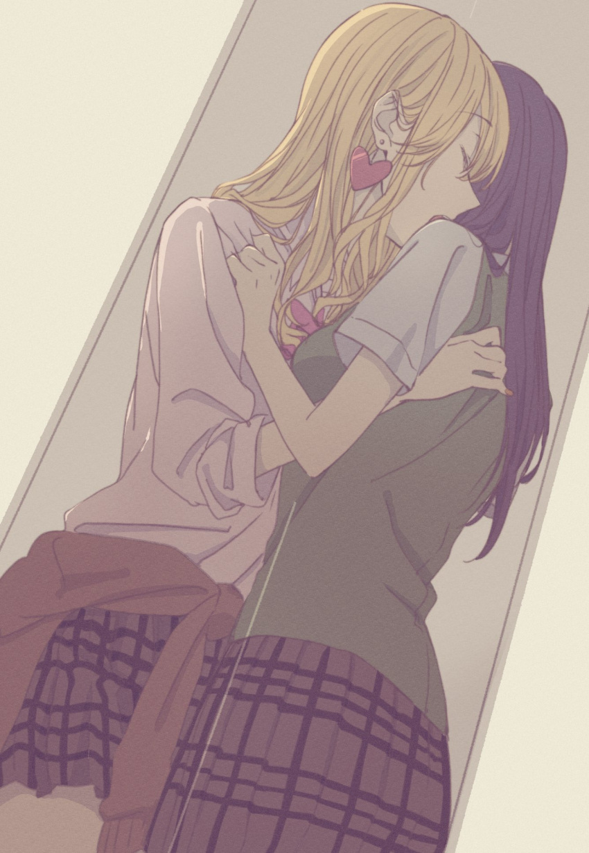 2girls, aihara_academy_school_uniform, aihara_mei, aihara_yuzu, black_hair, citrus_(saburouta), clothes_around_waist, earrings