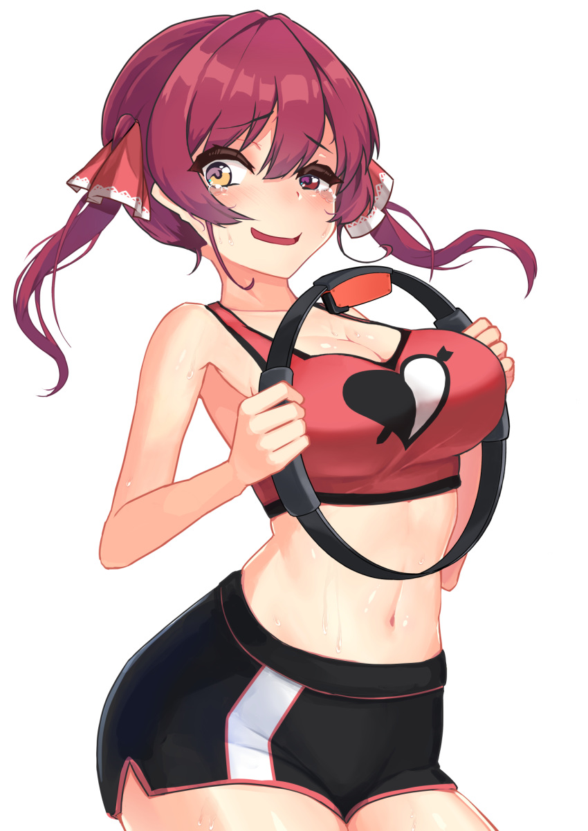 1girl, bangs, belly, blush, breasts, heterochromia, highres, hololive, houshou_marine, large_breasts, long_hair, looking_at_viewer, navel, oritonagi, red_eyes, redhead, ribbon, ring_fit_adventure, smile, solo, sports_bra, twintails, virtual_youtuber, yellow_eyes