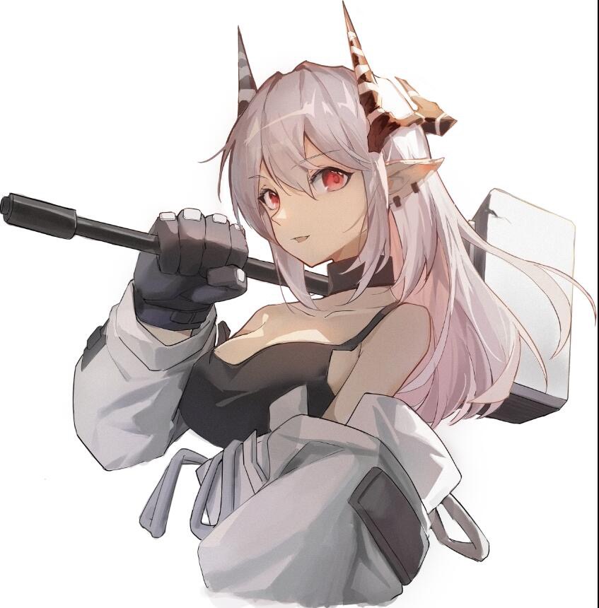1girl, arknights, bangs, bare_shoulders, black_choker, breasts, chinese_commentary, choker, collarbone, commentary_request, dabaijiang_memeda, eyebrows_visible_through_hair, gloves, grey_gloves, hair_between_eyes, hammer, holding, holding_hammer, holding_weapon, horns, large_breasts, long_hair, looking_at_viewer, mudrock_(arknights), off_shoulder, over_shoulder, parted_lips, pointy_ears, red_eyes, silver_hair, simple_background, smile, solo, upper_body, weapon, weapon_over_shoulder, white_background