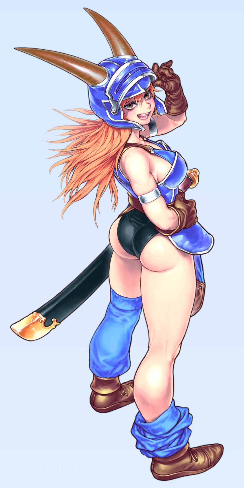 1girl, absurdres, adjusting_clothes, adjusting_headwear, armlet, armor, ass, asymmetrical_legwear