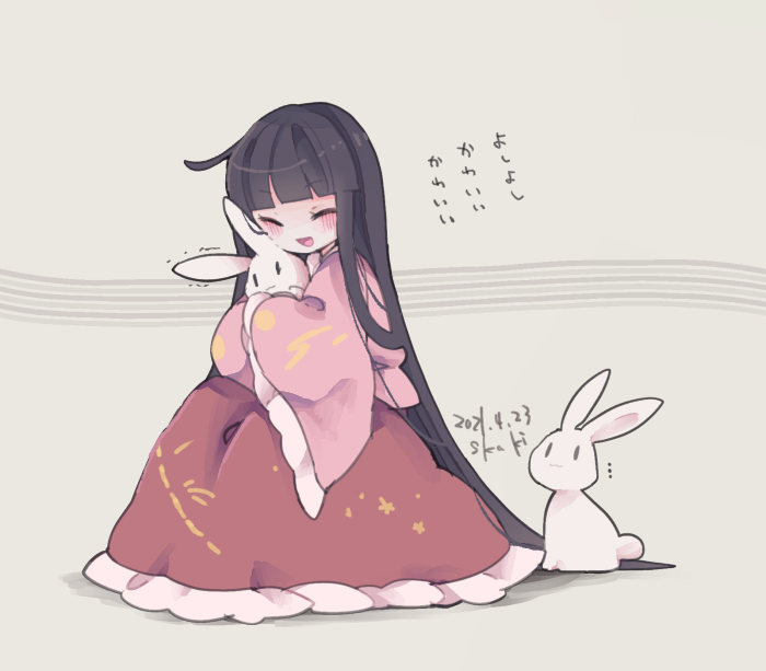 1girl, artist_name, bangs, black_hair, blunt_bangs, blush, chibi, closed_eyes