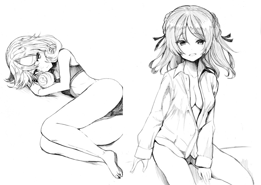 2girls, bangs, barefoot, bra, breasts, closed_mouth, double_bun, eyebrows_visible_through_hair