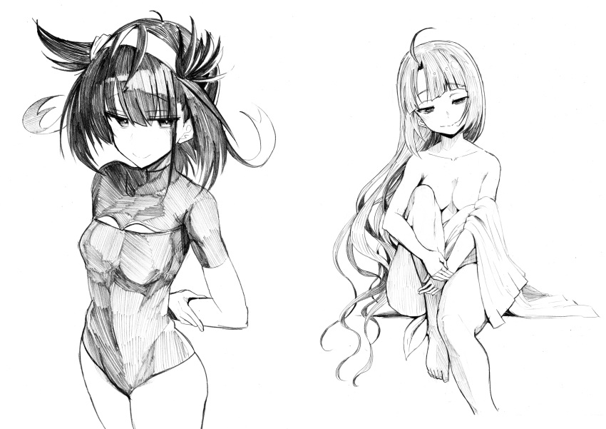 2girls, ahoge, alternate_hairstyle, arms_behind_back, bangs, breasts, eyebrows_visible_through_hair, greyscale