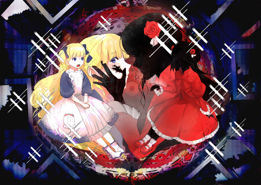 2girls, absurdres, blonde_hair, blue_eyes, boots, bow, commentary, dress