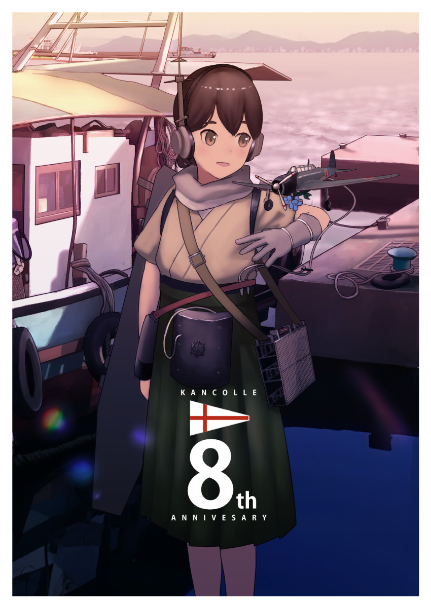 1girl, aircraft, airplane, bangs, boat, brown_eyes, brown_hair, dock