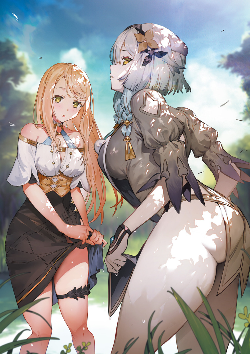 2girls, ass, atelier_(series), atelier_ryza, atelier_ryza_2, bare_shoulders, black_skirt, blonde_hair