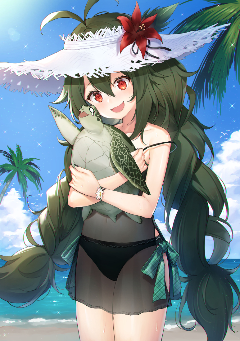 1girl, :d, animal, antenna_hair, azur_lane, bangs, bare_shoulders, beach