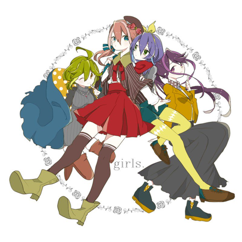 4girls, ahoge, alternate_costume, blue_eyes, blue_hair, bracelet_girls, green_hair, high_ponytail