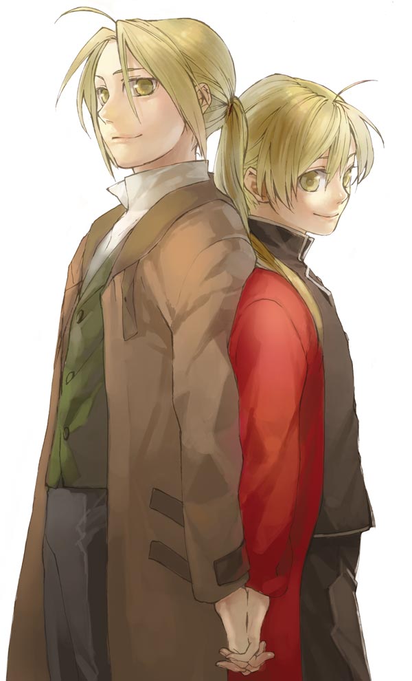 alphonse_elric, back-to-back, back_to_back, blonde_hair, brothers, conqueror_of_shambala, edward_elric, fullmetal_alchemist, hand_holding, holding_hands, long_hair, male, noako, siblings, simple_background, smile, standing, white_background, yellow_eyes