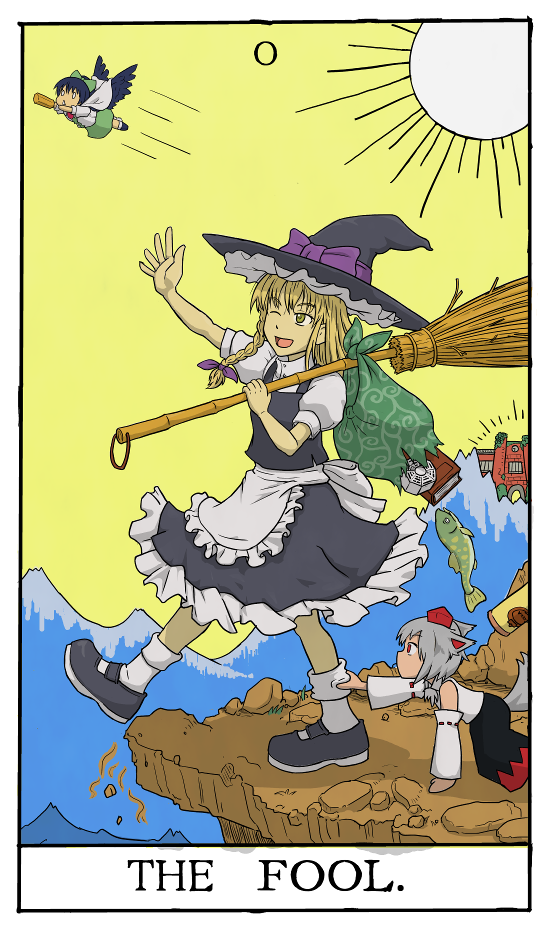 3girls, animal_ears, bangs, bindle, bird_wings, black_footwear, black_hair, black_skirt, black_wings, blouse, bow, braid, broom, cape, cliff, commentary_request, cookie_(touhou), ddd_(nicoseiga51845241), detached_sleeves, eyebrows_visible_through_hair, fish, full_body, green_skirt, hat, hat_bow, inu_(cookie), inubashiri_momiji, kirisame_marisa, long_hair, mini-hakkero, mountain, multicolored, multicolored_clothes, multicolored_skirt, multiple_girls, nadeko_(cookie), one_eye_closed, open_mouth, puffy_short_sleeves, puffy_sleeves, purple_bow, red_eyes, red_skirt, reiuji_utsuho, ribbon-trimmed_sleeves, ribbon_trim, shirt, shoes, short_hair, short_sleeves, side_braid, single_braid, skirt, sleeveless, sleeveless_shirt, socks, sun, tail, tarot, the_fool_(tarot), third_eye, tokin_hat, touhou, uzuki_(cookie), walking, white_blouse, white_cape, white_legwear, white_shirt, wings, witch_hat, wolf_ears, wolf_tail, yellow_sky