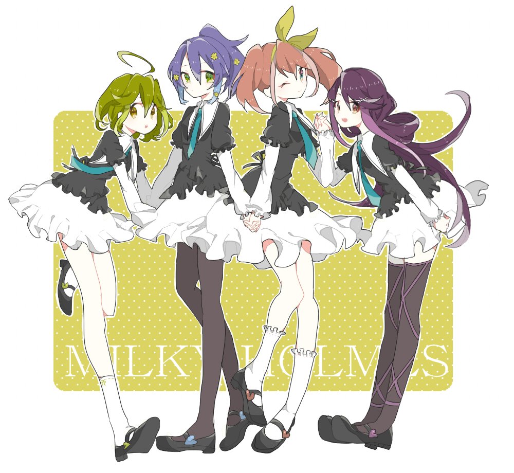 4girls, ahoge, blue_eyes, blue_hair, bracelet_girls, cordelia_glauca_(cosplay), full_body, green_hair