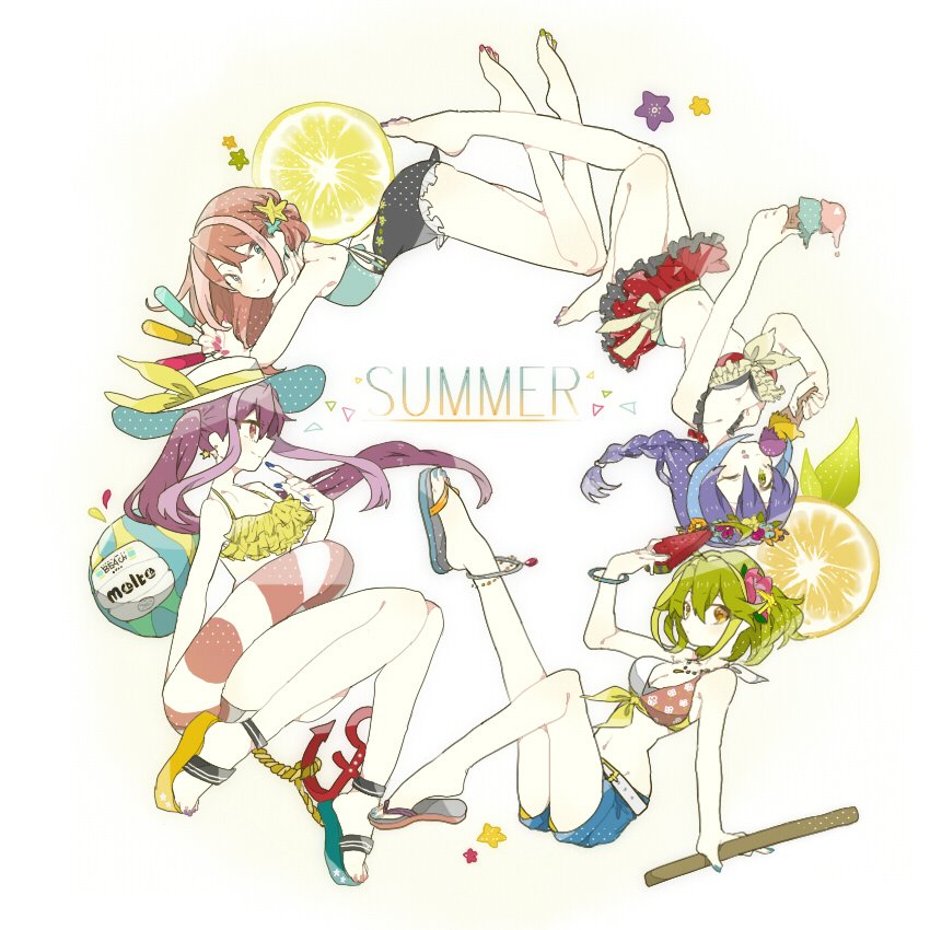 4girls, ahoge, blue_eyes, blue_hair, bracelet_girls, green_hair, high_ponytail, hiiragi_yuzu