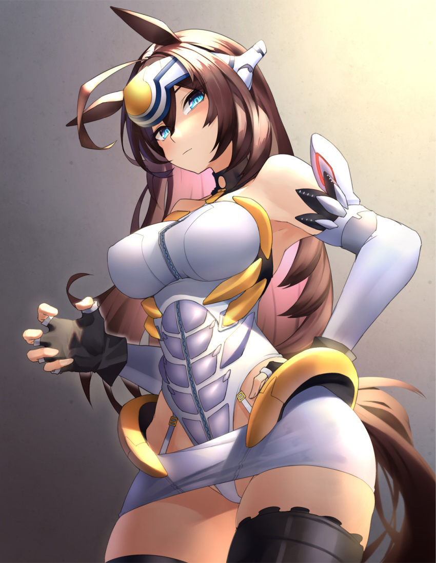 1girl, ahoge, blue_eyes, breasts, brown_hair, cosplay, detached_sleeves, fingerless_gloves