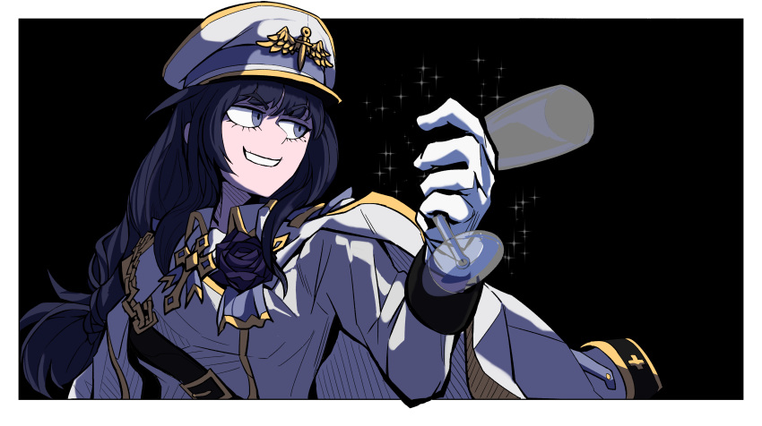 :d, absurdres, alcohol, alternate_color, alternate_costume, bangs, black_background, black_hair