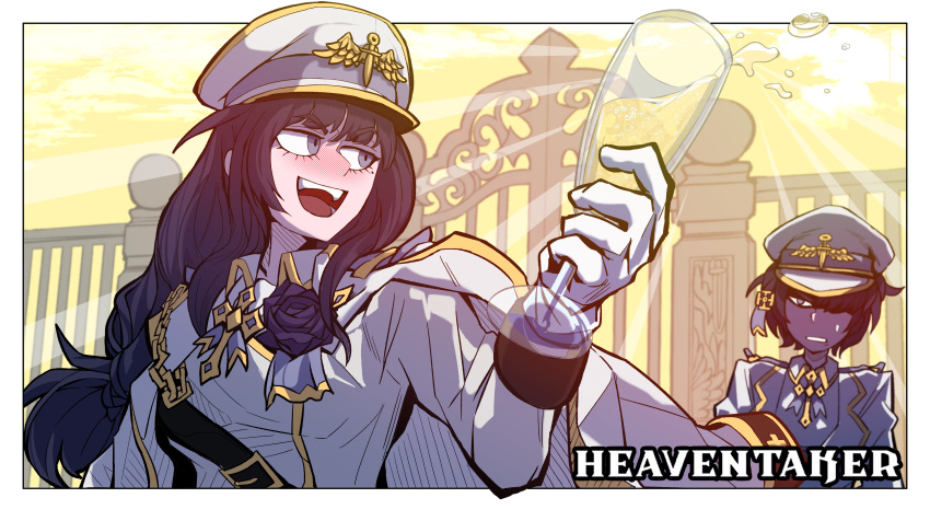 2girls, :d, absurdres, alcohol, alternate_color, alternate_costume, bangs, belt, blush, border, breasts, cape, character_request, clenched_teeth, copyright_name, flower, gate, glass, gloves, hat, heaven, helltaker, highres, holding, jacket, lemontansan, long_hair, looking_back, lucifer_(helltaker), medium_breasts, military, military_uniform, mole, mole_under_eye, multiple_girls, open_mouth, outside_border, parody, peaked_cap, purple_flower, smile, teeth, uniform, upper_teeth, vanripper_(style), white_border, white_cape, white_gloves, white_headwear, white_jacket