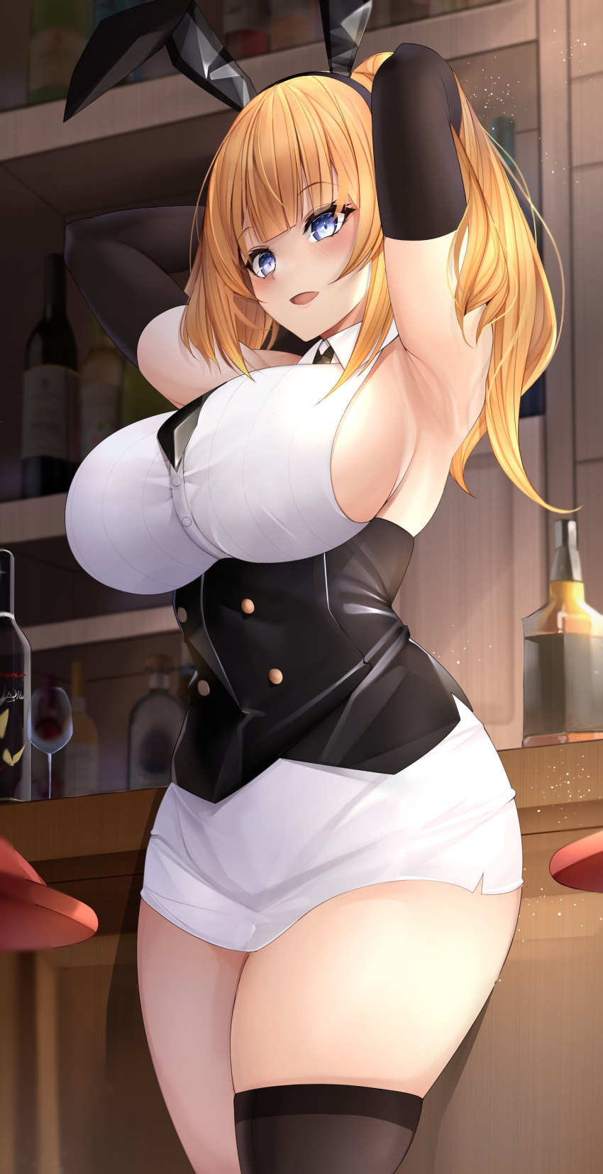 1girl, absurdres, armpits, arms_up, bangs, black_gloves, black_legwear, blonde_hair