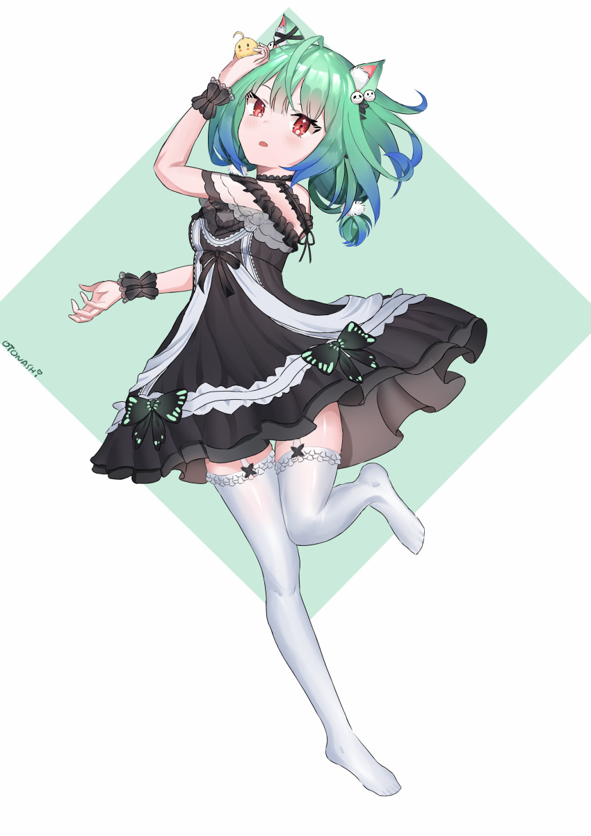 1girl, absurdres, animal_ears, breasts, cat_ears, dress, frills, green_hair