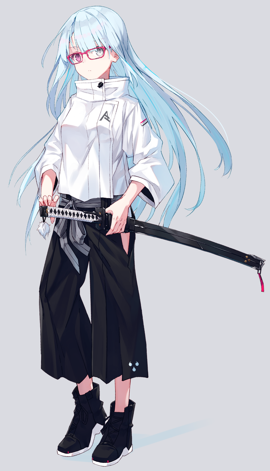 1girl, bangs, black_footwear, black_pants, glasses, grey_background, hand_on_weapon, high_collar