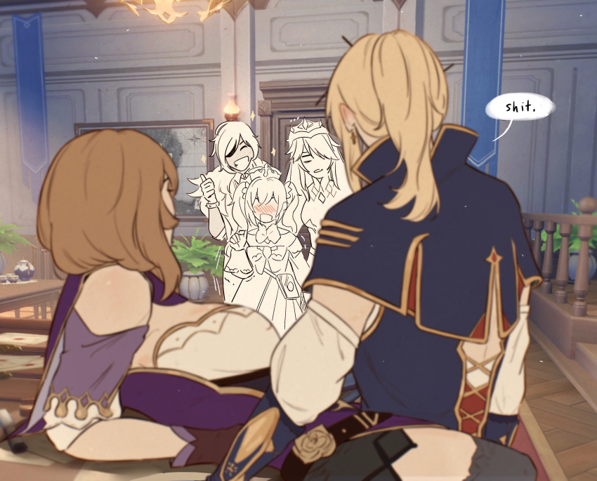 1boy, 4girls, absurdres, barbara_pegg, bare_shoulders, blonde_hair, bow, bowtie, brown_hair, capelet, caught, closed_eyes, cross, cross_earrings, dress, earrings, eyepatch, genshin_impact, gloves, hair_ornament, hat, highres, indoors, jean_gunnhildr, jewelry, kaeya_alberich, lisa_minci, long_sleeves, lying, mamirato, multiple_girls, on_back, ponytail, profanity, rosaria_(genshin_impact), siblings, side_ponytail, sisters, smile, standing, surprised, table, thigh-highs, thumbs_up, veil, yuri