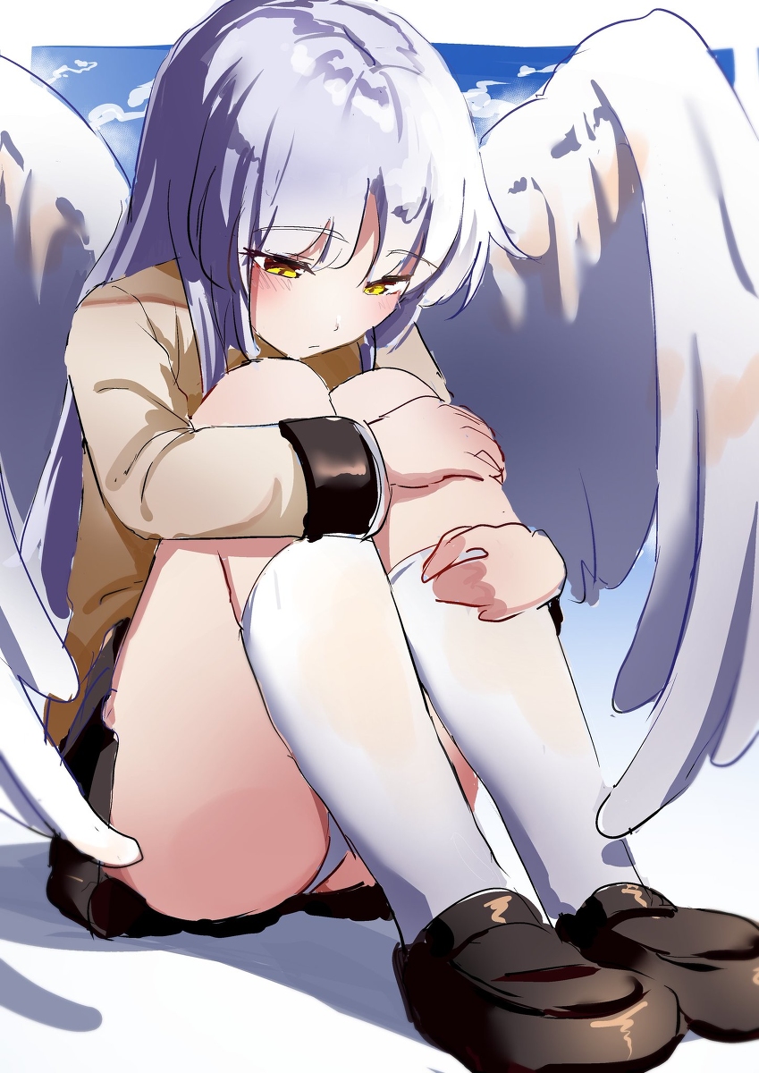 1girl, angel, angel_beats!, angel_wings, arms_on_knees, bangs, clouds, highres