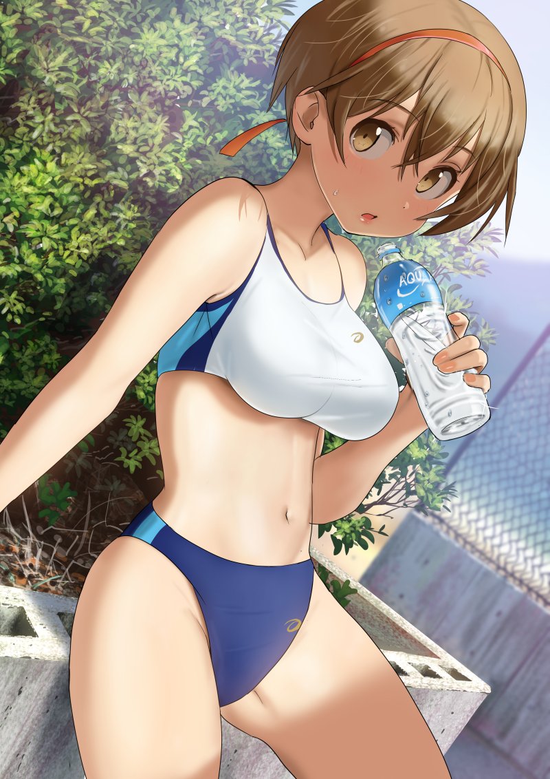 1girl, asics, blue_buruma, blue_sky, bottle, brown_eyes, brown_hair, buruma