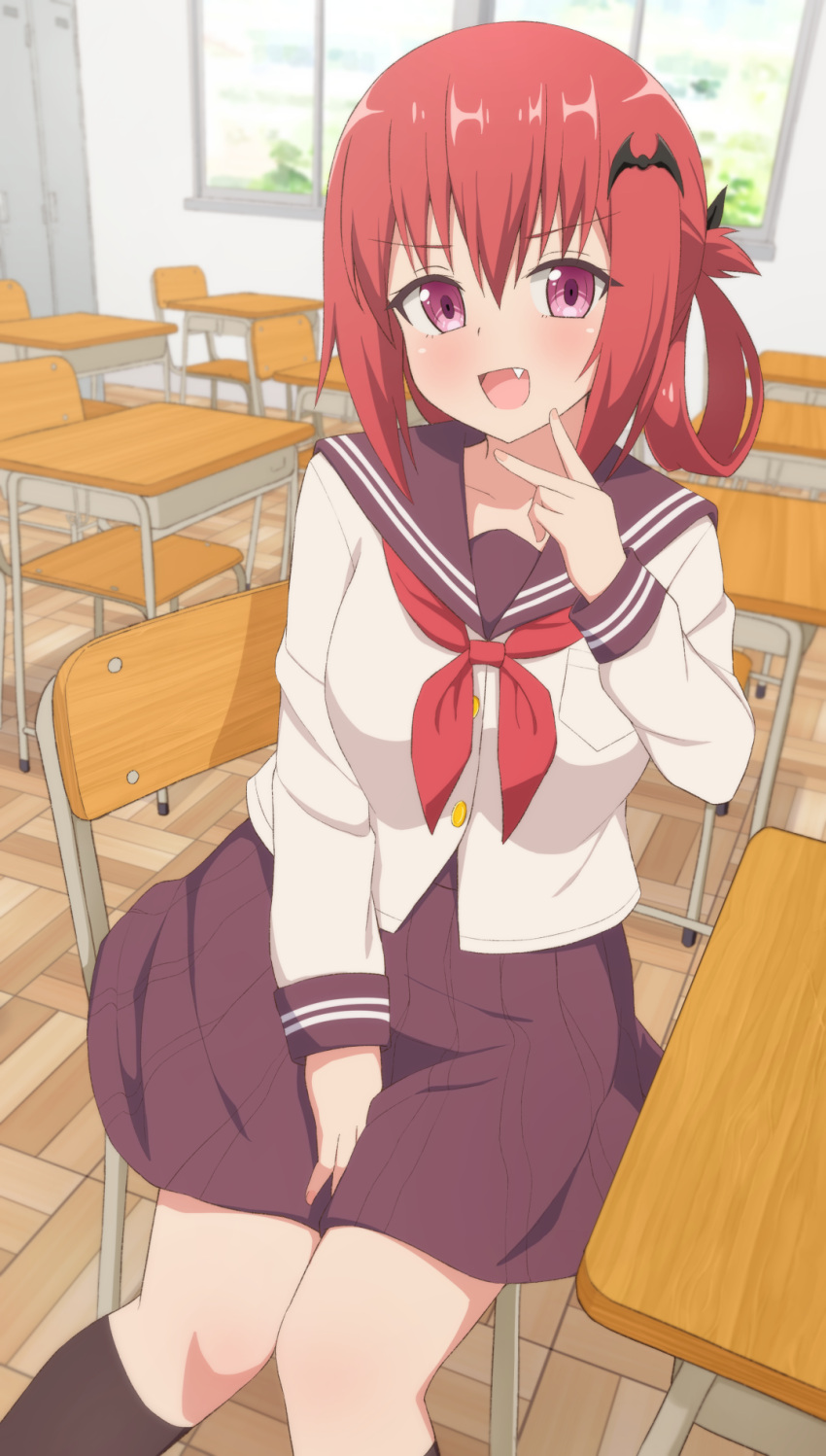 1girl, bat_hair_ornament, between_legs, breasts, cardigan, chair, classroom, desk