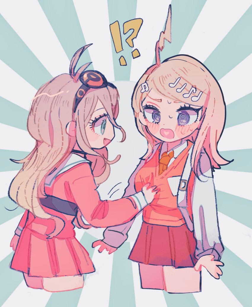 !?, 2girls, @_@, ahoge, akamatsu_kaede, antenna_hair, backpack, bag