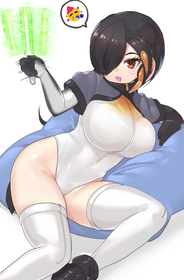 1girl, afterimage, black_hair, commentary_request, elbow_gloves, emoji, eyebrows_visible_through_hair, gloves