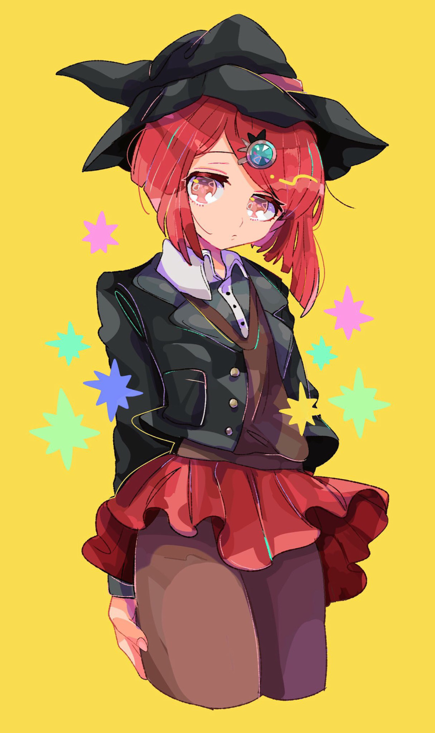 1girl, bangs, black_headwear, black_jacket, black_legwear, black_neckwear, black_shirt, brown_legwear