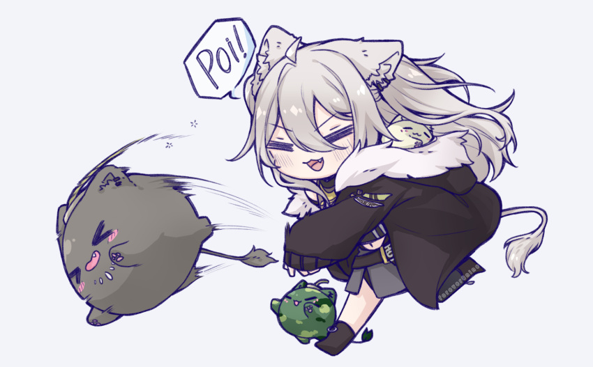 >_<, 1girl, animal_ears, blush, breasts, ear_piercing, fang, forever9nine