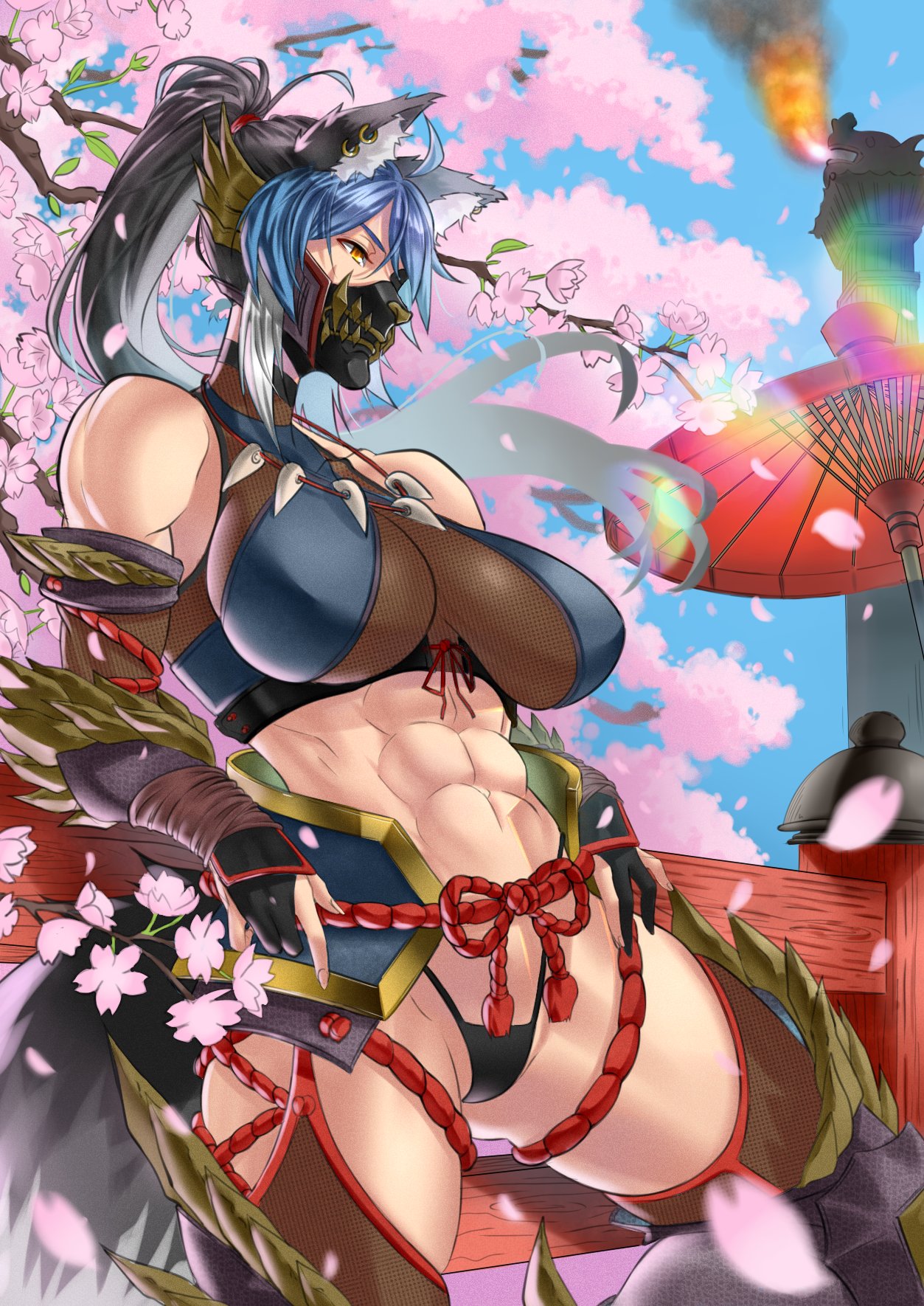 1girl, abs, anima_(togashi), armor, black_hair, blue_hair, closed_mouth, gauntlets