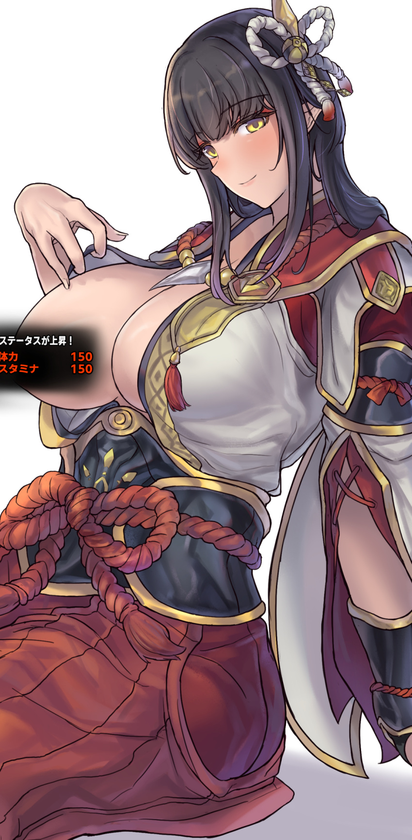 1girl, bangs, black_gloves, black_hair, blunt_bangs, blush, breasts, closed_mouth