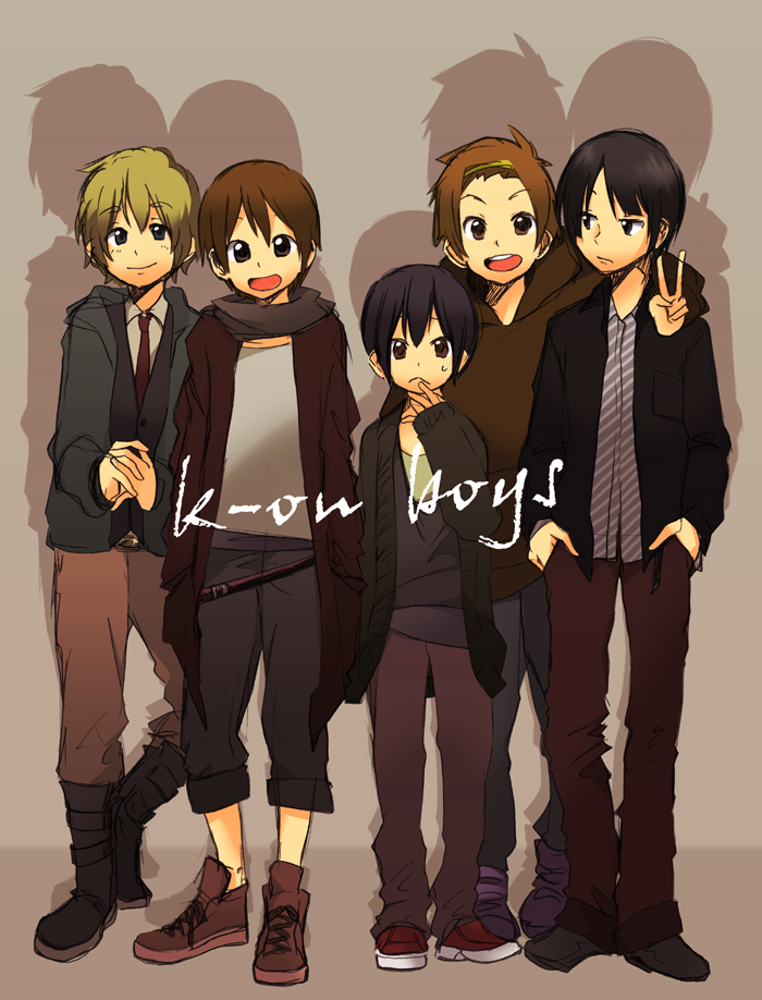 5boys, akiyama_mio, bad_id, black_hair, blonde_hair, brown_eyes, brown_hair, casual