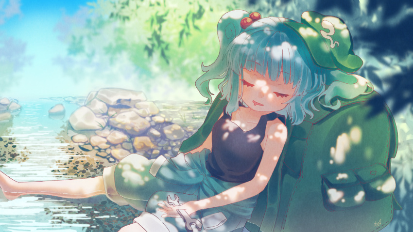1girl, backpack, bag, bangs, bare_shoulders, barefoot, black_tank_top, blue_hair, blue_shorts, blunt_bangs, blurry, blurry_background, breasts, closed_eyes, clothes_around_waist, collarbone, commentary_request, commission, day, eyebrows_visible_through_hair, feet_out_of_frame, green_bag, green_headwear, hair_bobbles, hair_ornament, hat, highres, holding, holding_wrench, htk_mikan, kawashiro_nitori, medium_breasts, outdoors, short_hair, shorts, sitting, skeb_commission, sky, sleeping, solo, sweater, sweater_around_waist, tank_top, touhou, two_side_up, water, wrench