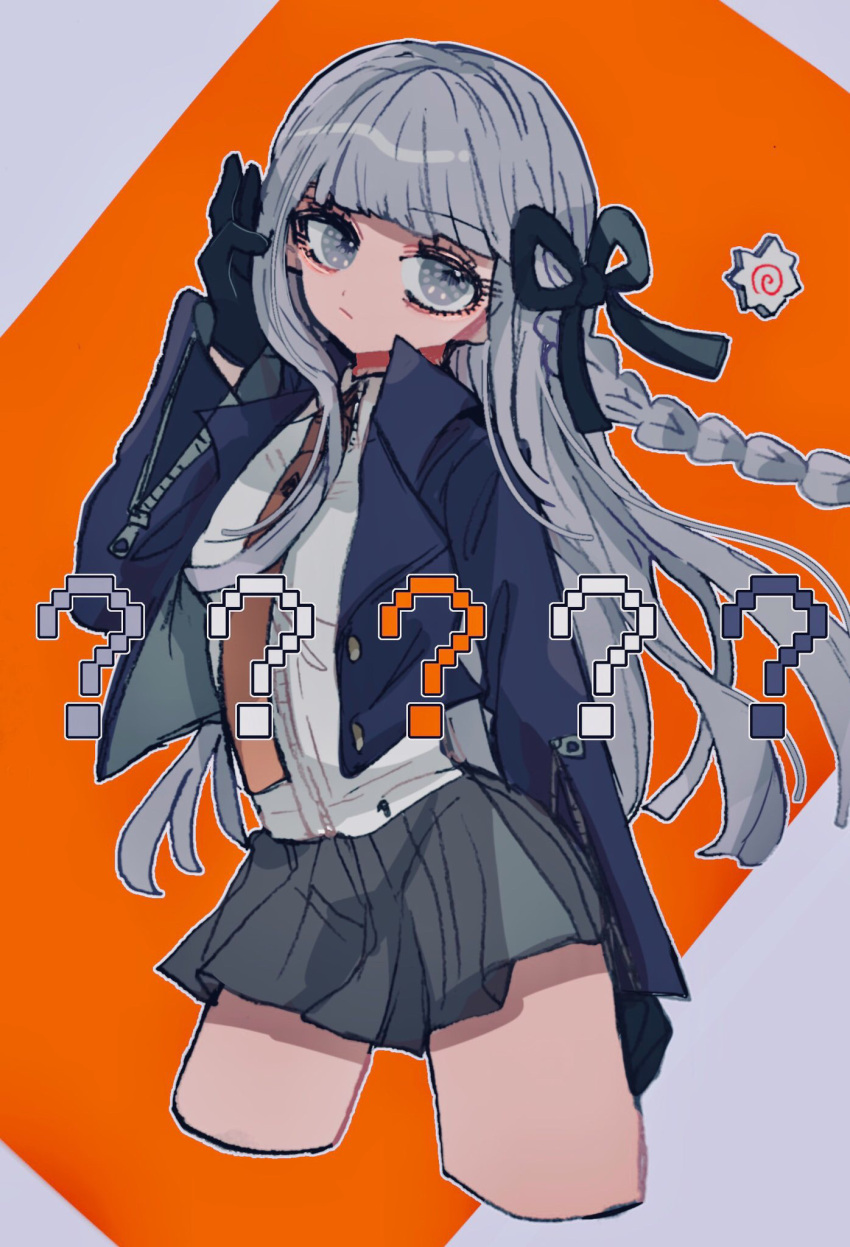 1girl, ?, arm_at_side, bangs, black_gloves, black_ribbon, black_skirt, blunt_bangs